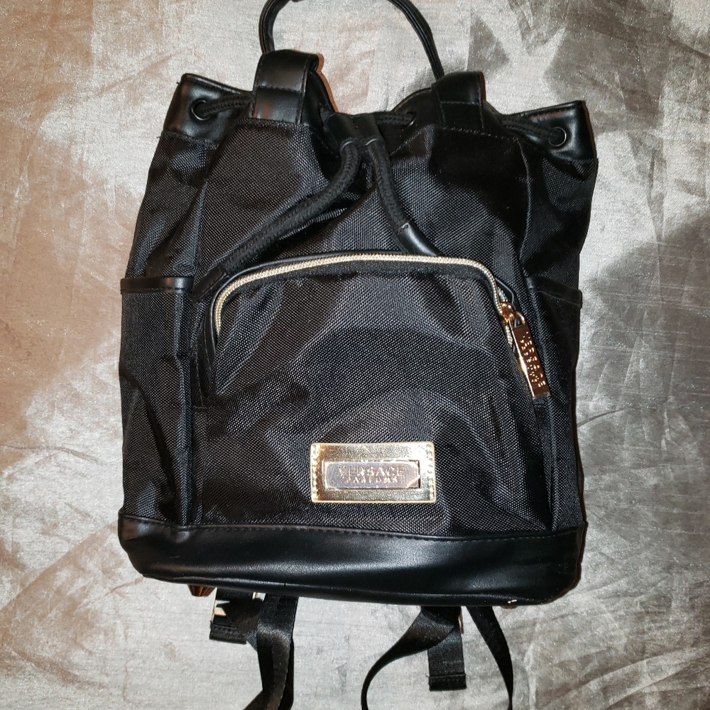 Womens Black Versace nylon small backpack.